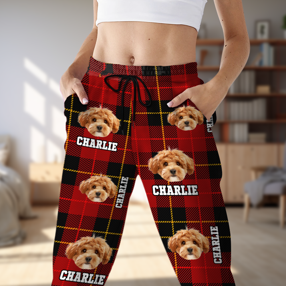 Funny custom face pajama pants with dog photos, a fun Christmas gift for pet lovers.