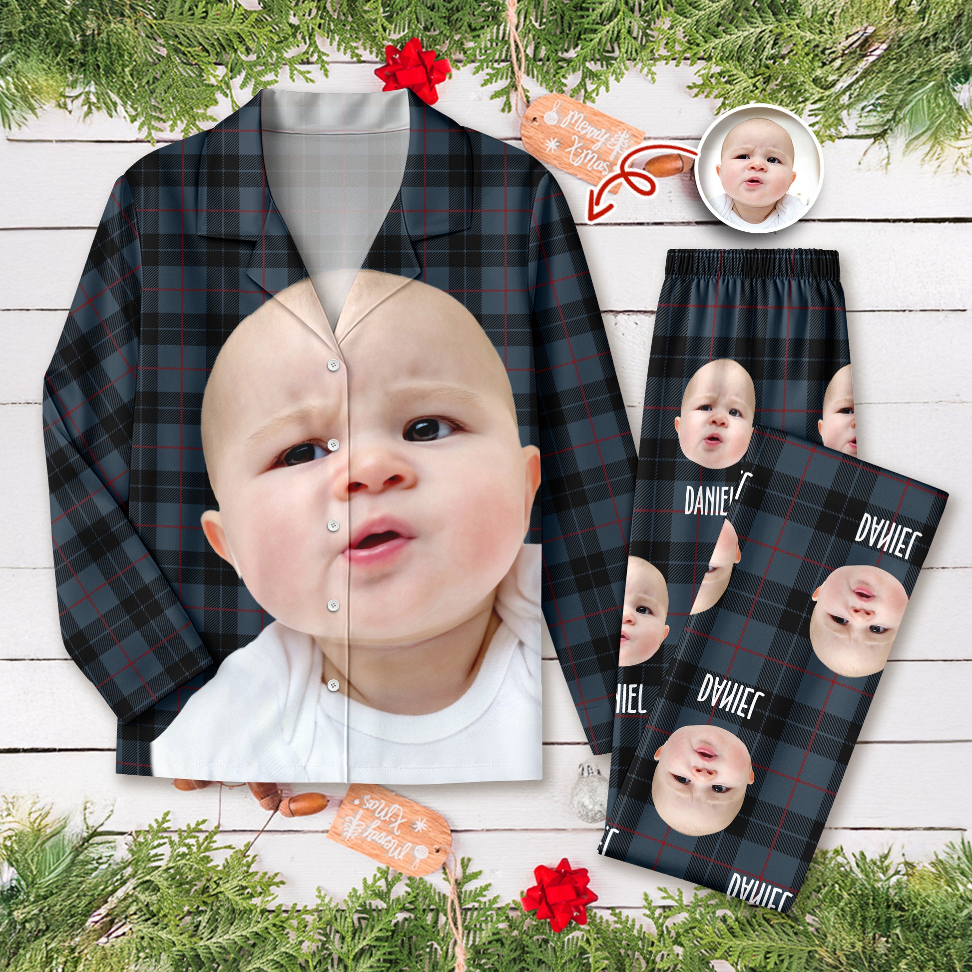 Funny custom photo pajamas featuring faces, perfect for unique Christmas pajamas.