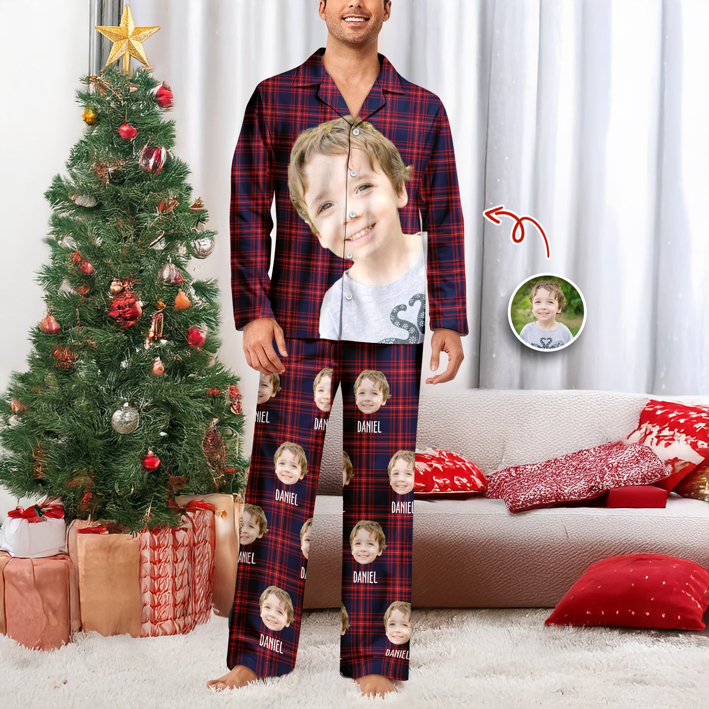 Funny custom photo pajamas featuring faces, perfect for unique Christmas pajamas.