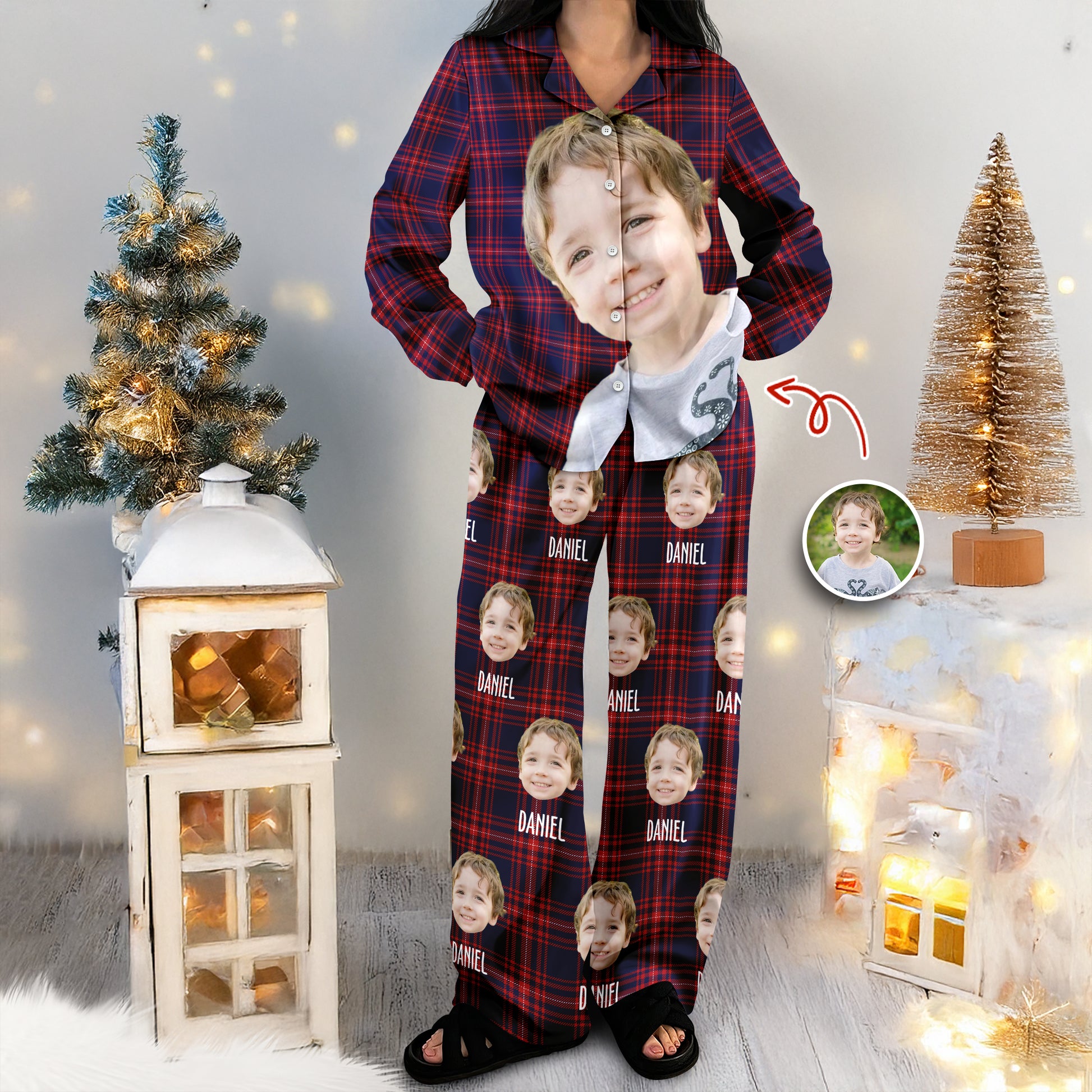 Funny custom photo pajamas featuring faces, perfect for unique Christmas pajamas.