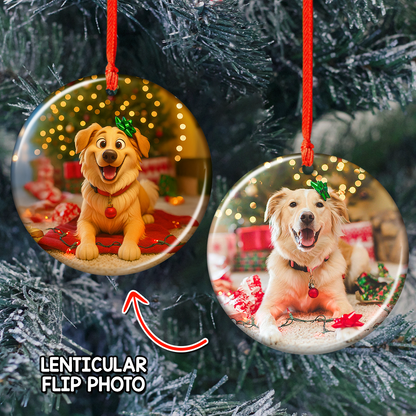 Custom lenticular ornament with a funny dog and cat photo, a perfect gift for pet lovers.