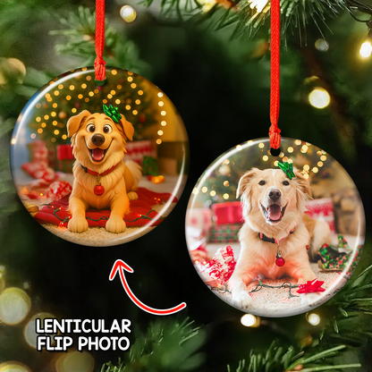 Custom lenticular ornament with a funny dog and cat photo, a perfect gift for pet lovers.