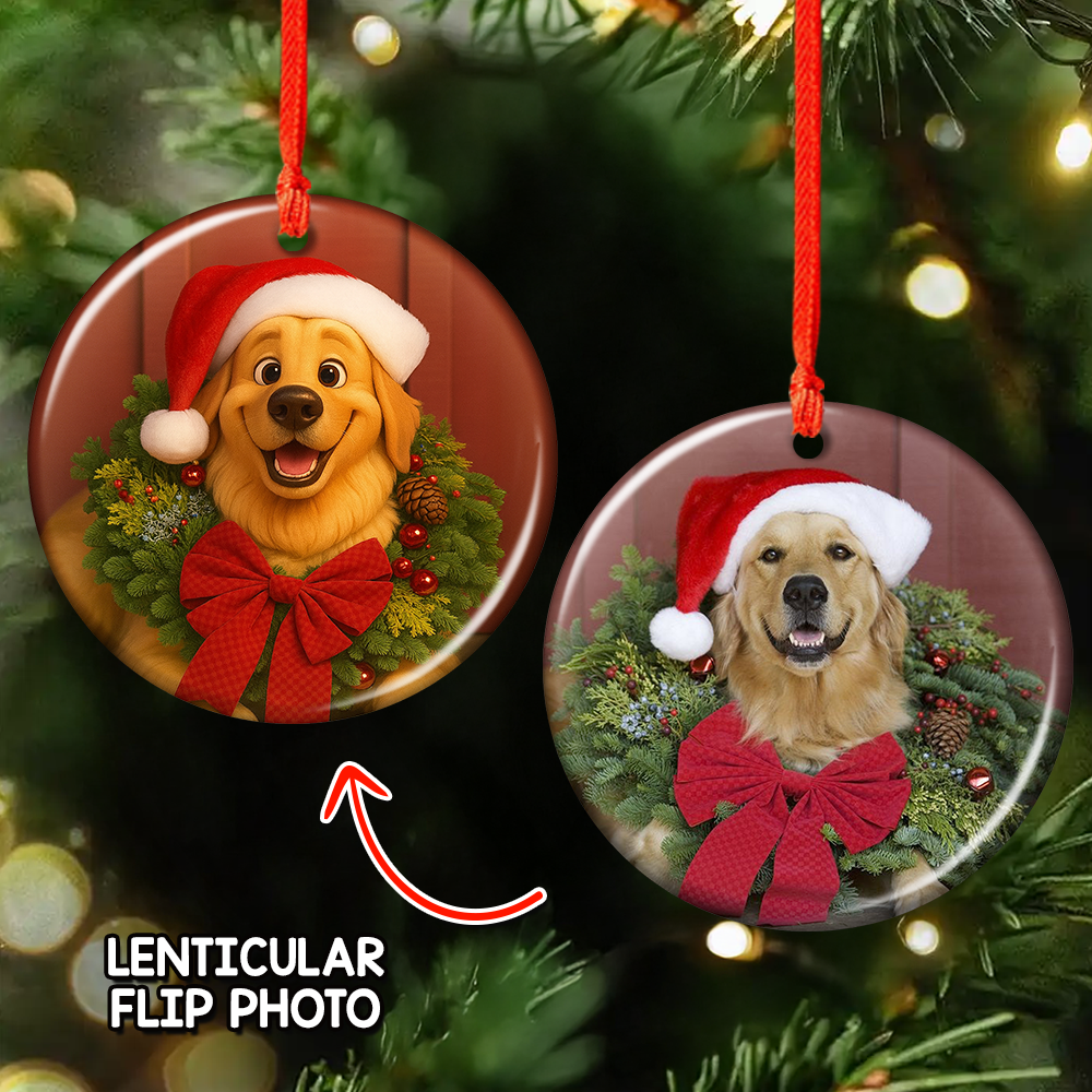 Custom lenticular ornament with a funny dog and cat photo, a perfect gift for pet lovers.