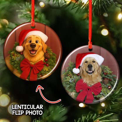 Custom lenticular ornament with a funny dog and cat photo, a perfect gift for pet lovers.
