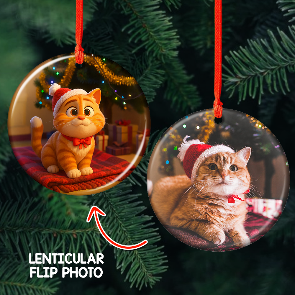 Custom lenticular ornament with a funny dog and cat photo, a perfect gift for pet lovers.