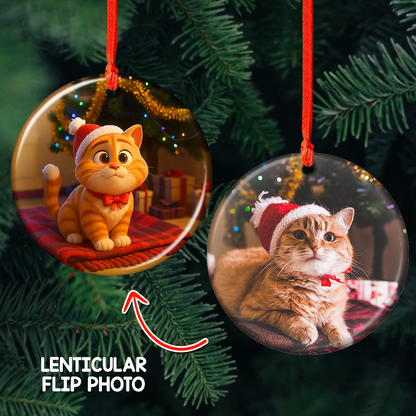 Custom lenticular ornament with a funny dog and cat photo, a perfect gift for pet lovers.