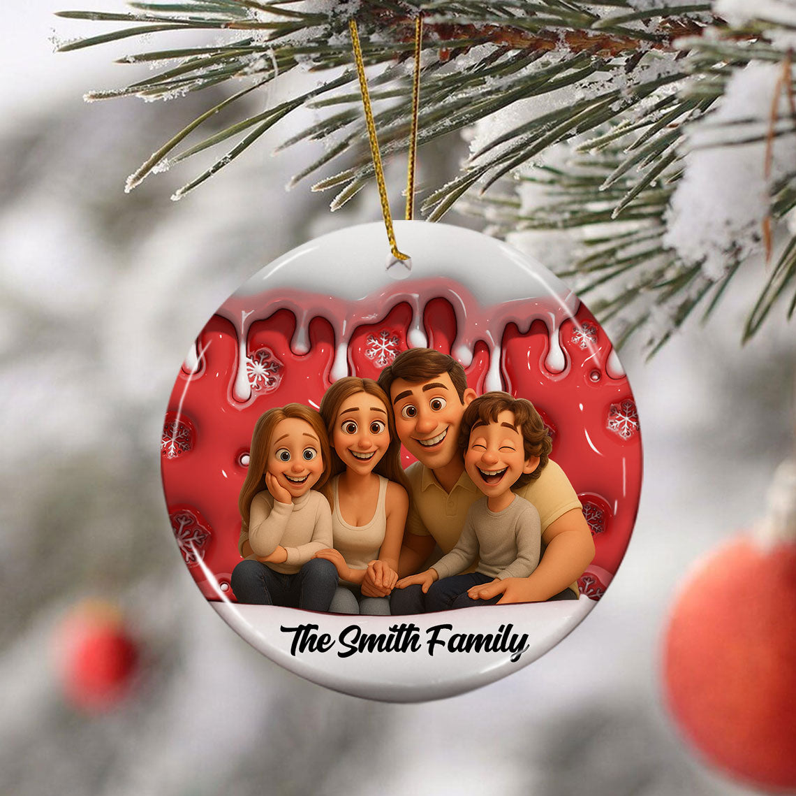 Personalized family photo Christmas ornament with funny custom cartoon drawing.