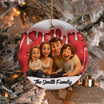 Personalized family photo Christmas ornament with funny custom cartoon drawing.