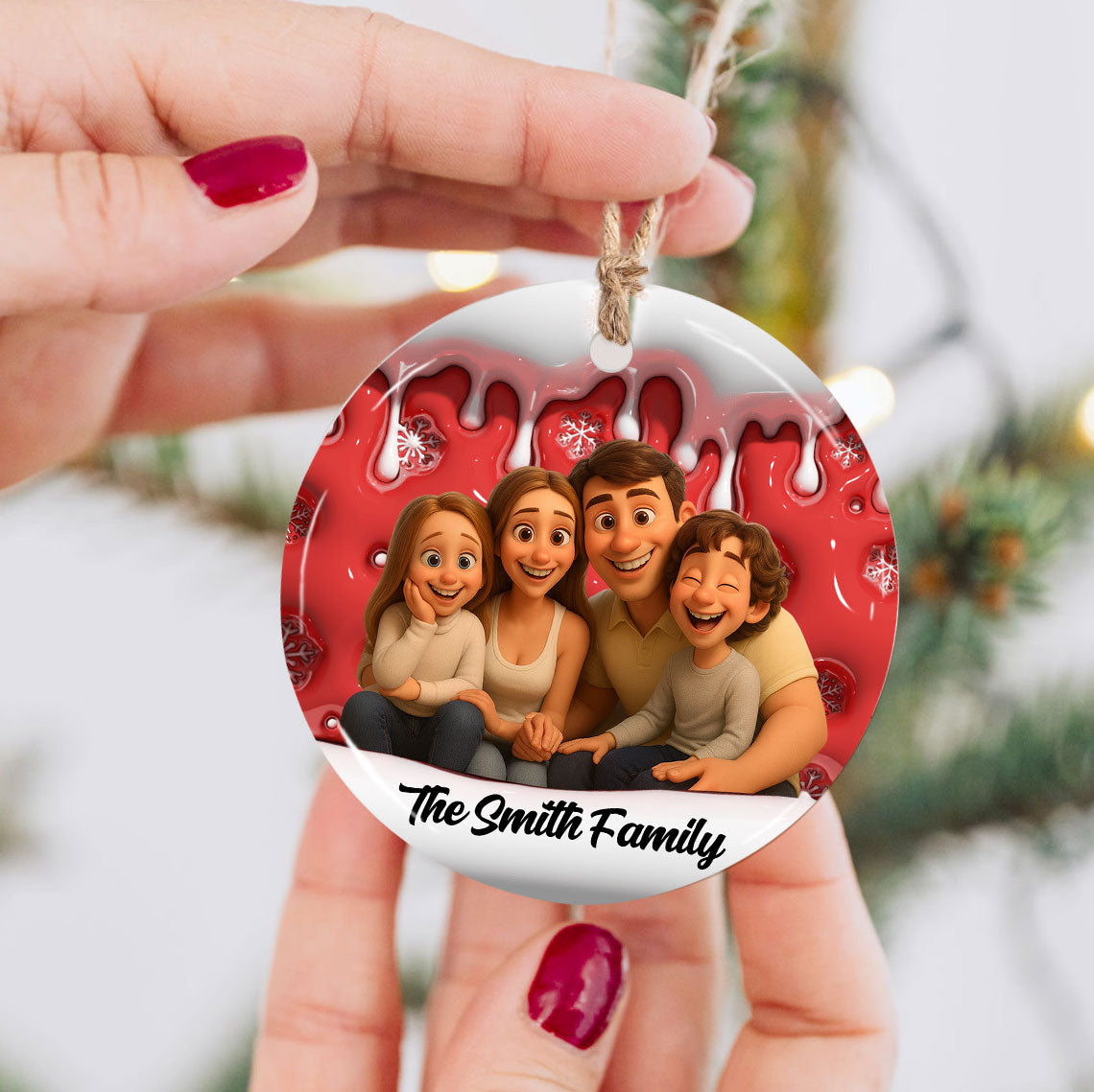 Personalized family photo Christmas ornament with funny custom cartoon drawing.