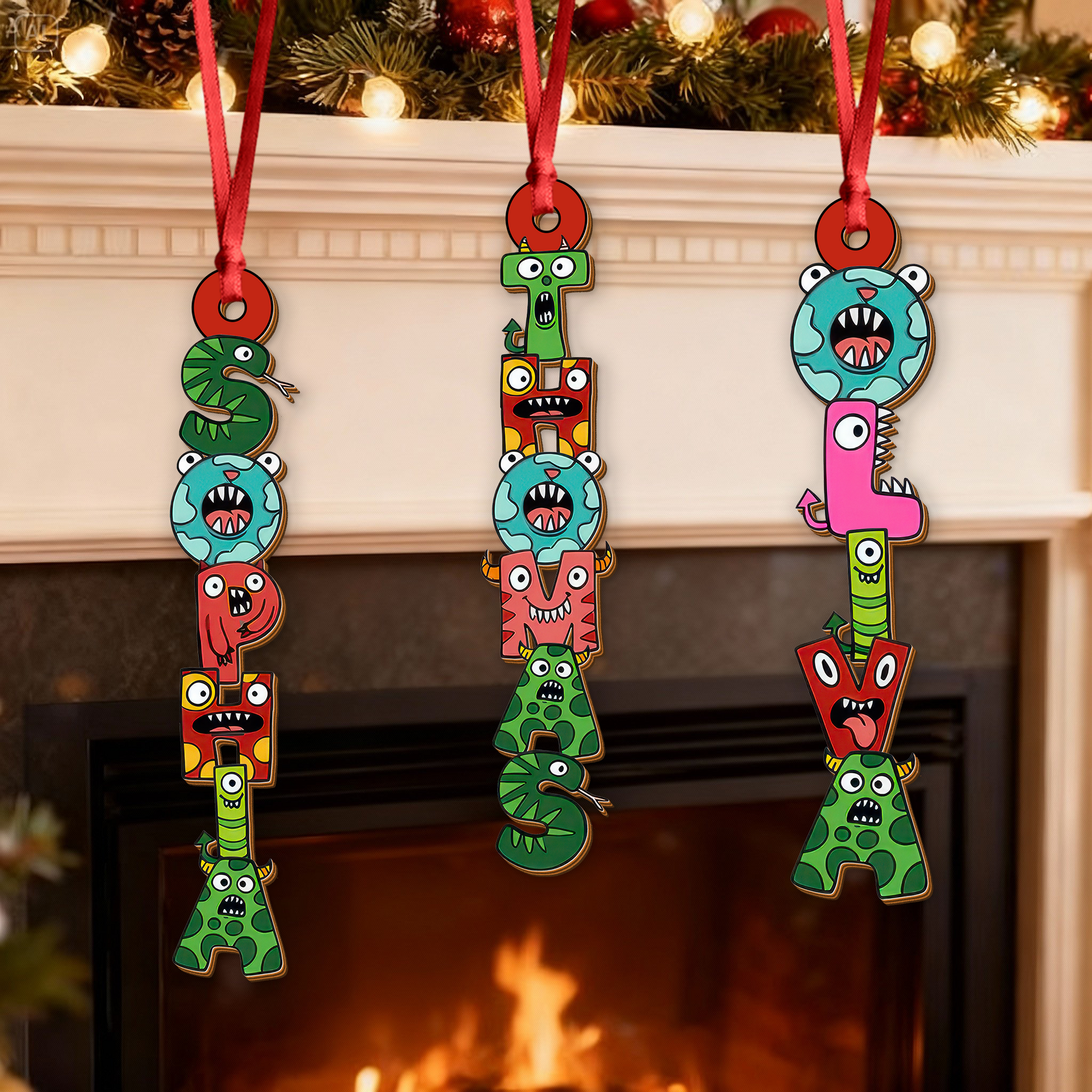 Funny monster name custom shaped wood Christmas ornament.