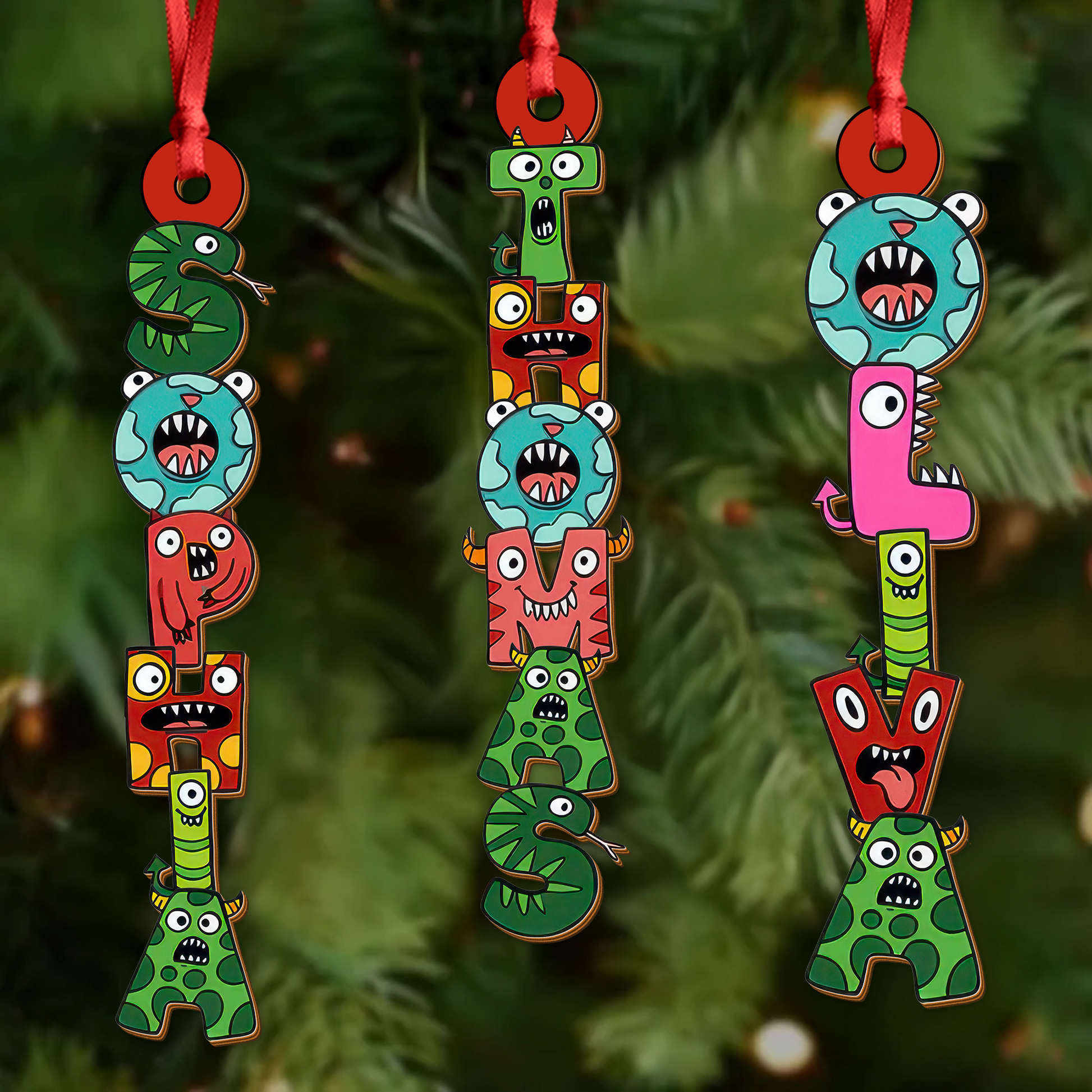 Funny monster name custom shaped wood Christmas ornament.