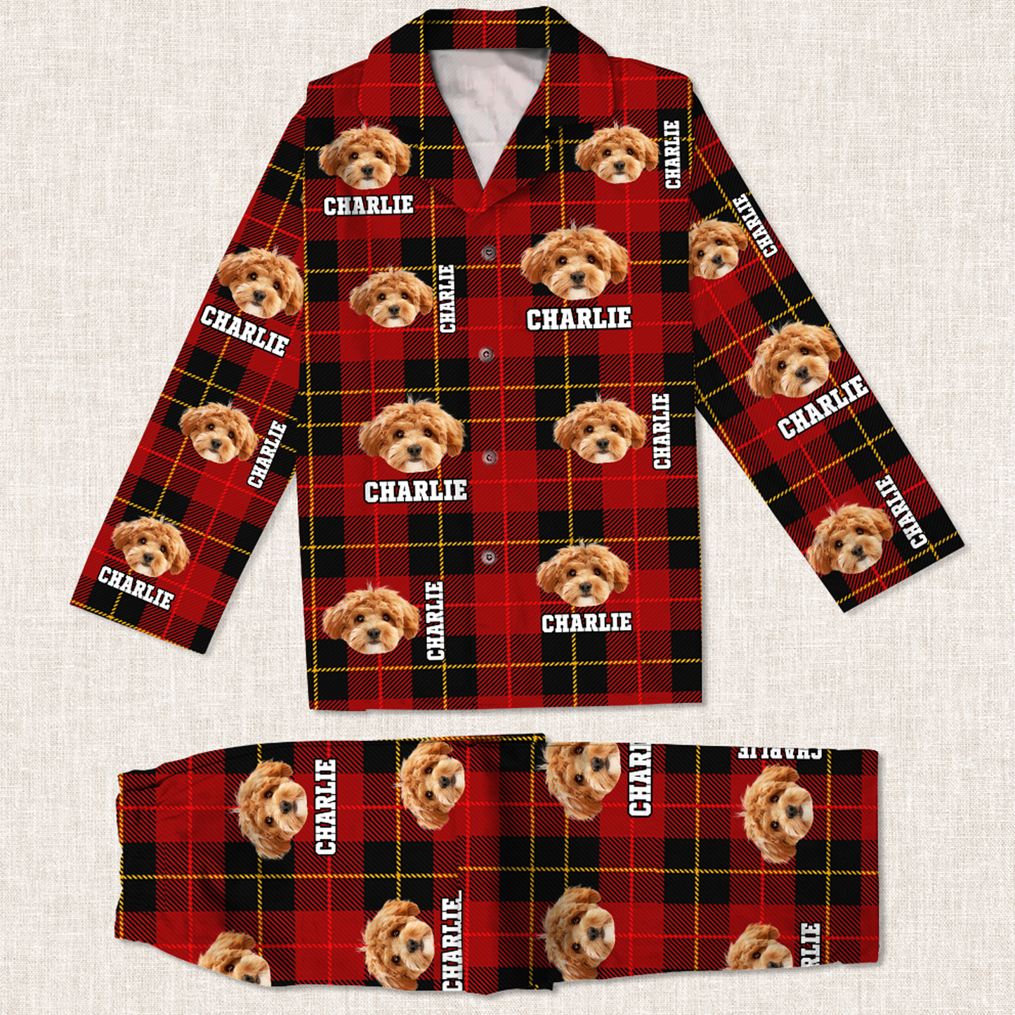 Funny personalized pajamas featuring custom pet photo for Christmas gift.