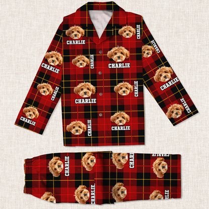 Funny personalized pajamas featuring custom pet photo for Christmas gift.
