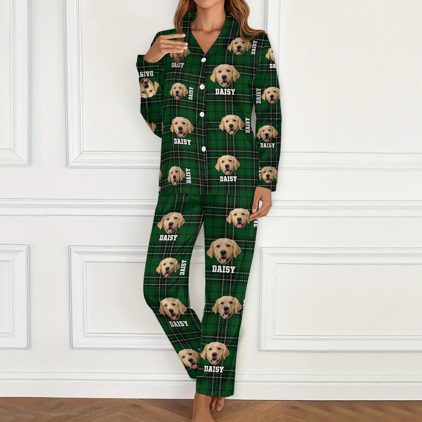 Funny personalized pajamas featuring custom pet photo for Christmas gift.