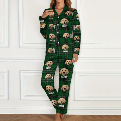 Funny personalized pajamas featuring custom pet photo for Christmas gift.