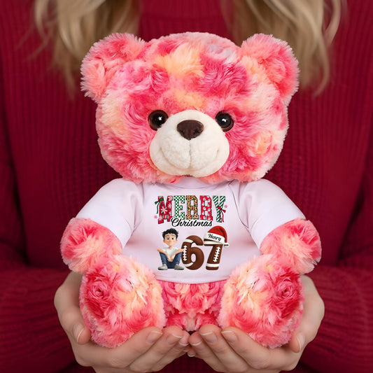 Funny "67" Teen Slang Christmas Ornament on a personalized teddy bear plush.