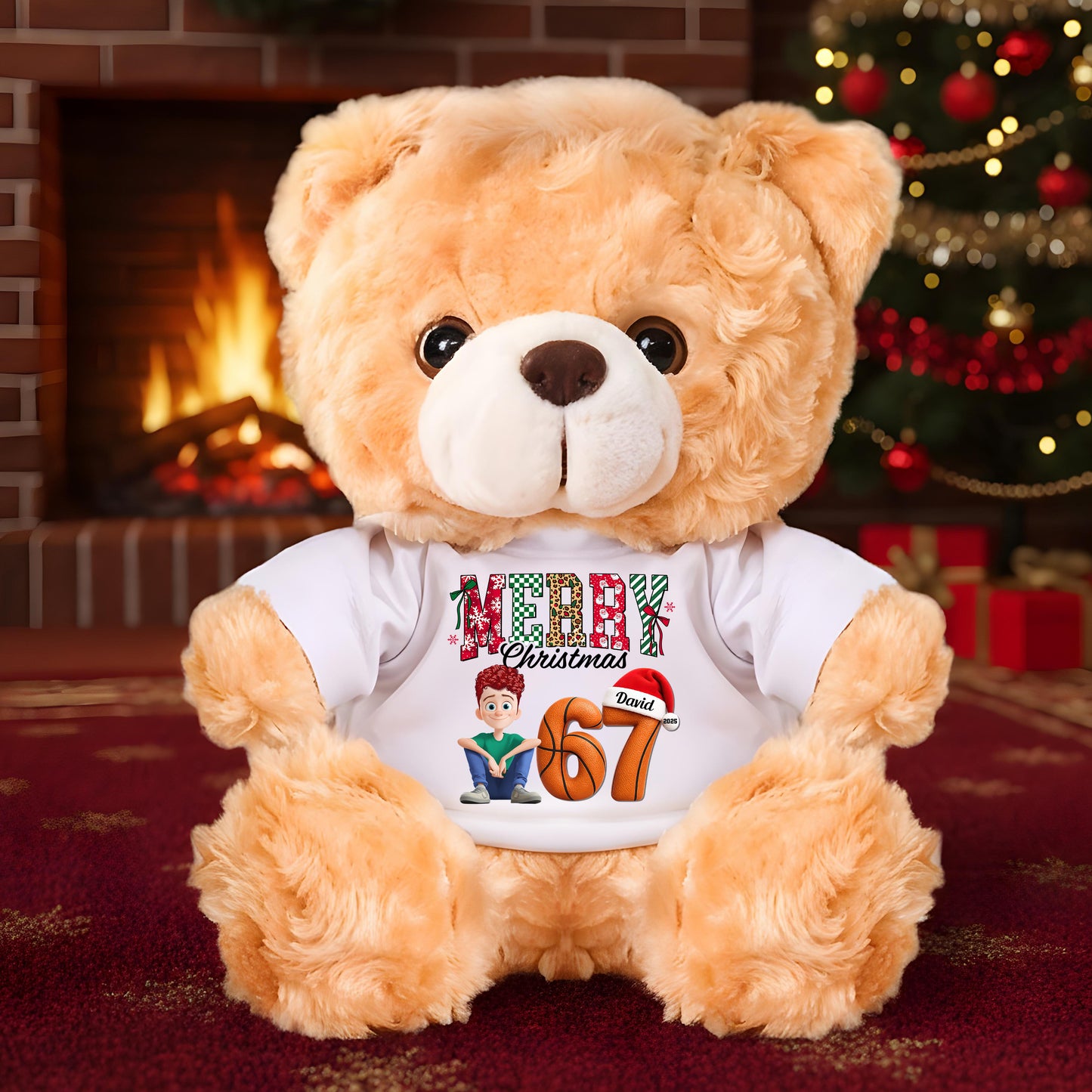 Funny "67" Teen Slang Christmas Ornament on a personalized teddy bear plush.