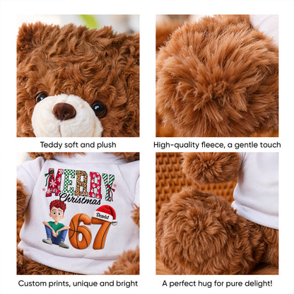 Funny "67" Teen Slang Christmas Ornament on a personalized teddy bear plush.