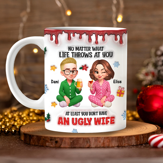 Zero Ugly Wife Detected personalized mug set, a funny and custom gift for husband and wife.