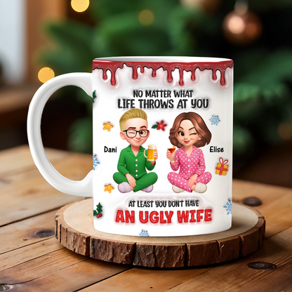 Zero Ugly Wife Detected personalized mug set, a funny and custom gift for husband and wife.