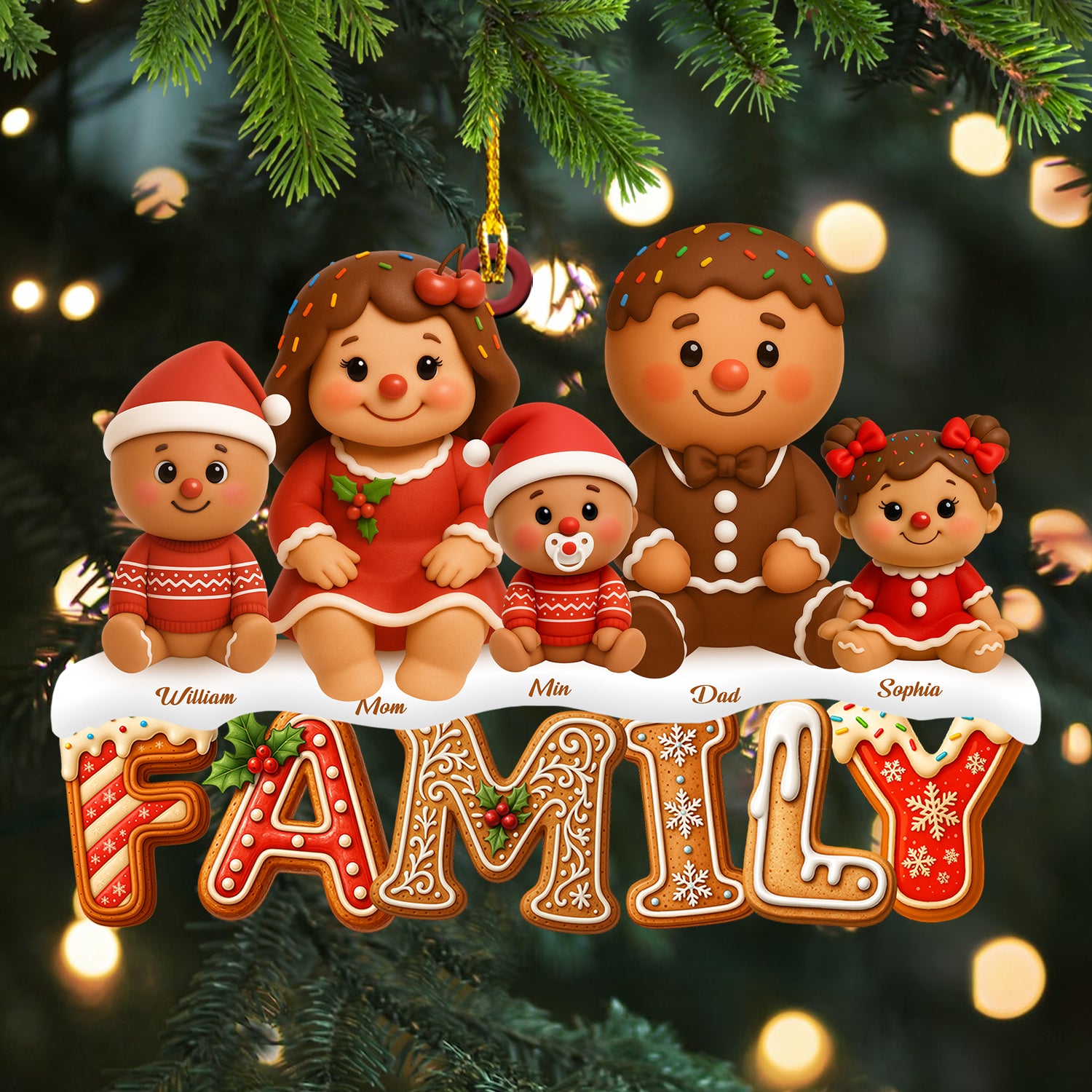Custom Gingerbread Alphabet Family Christmas Ornament: Two-layered wood design with personalized letters.