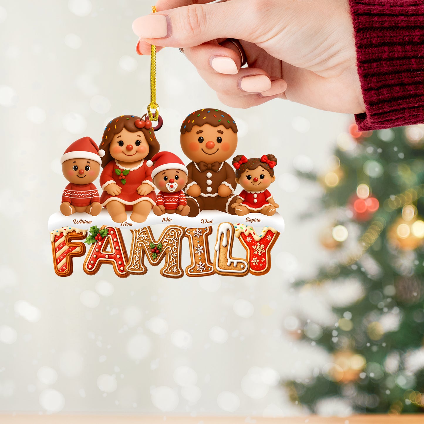Custom Gingerbread Alphabet Family Christmas Ornament: Two-layered wood design with personalized letters.