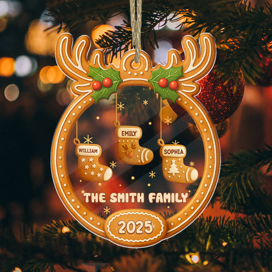 Personalized Gingerbread Christmas 2025 Acrylic Ornament with names.