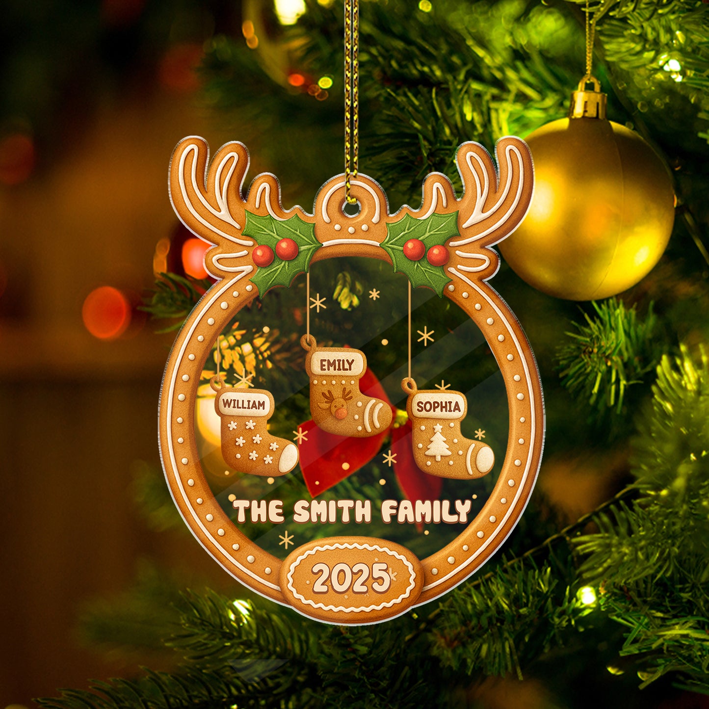 Personalized Gingerbread Christmas 2025 Acrylic Ornament with names.