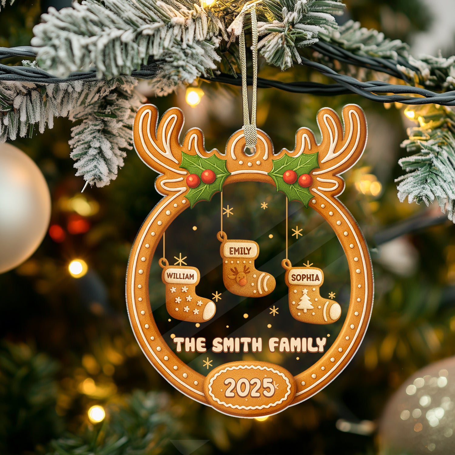 Personalized Gingerbread Christmas 2025 Acrylic Ornament with names.