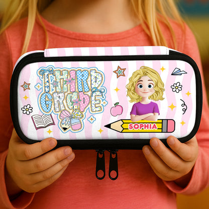 Glitter back to school personalized pencil case with custom name.