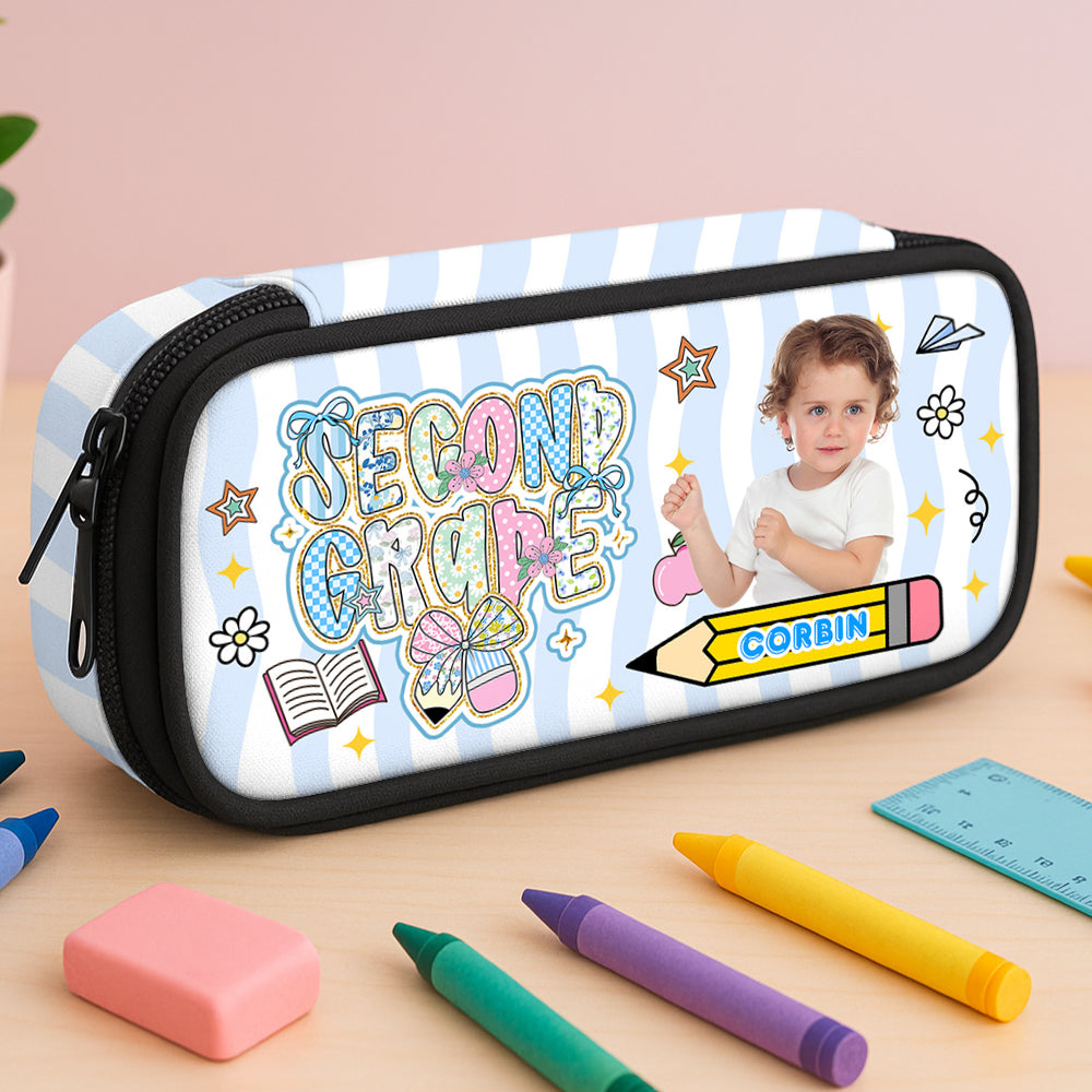 Glitter back to school personalized pencil case with custom name.