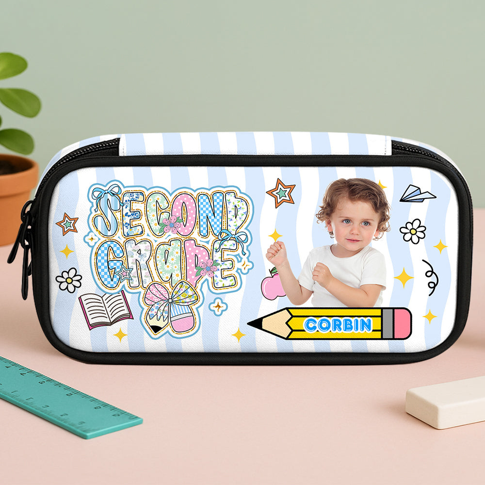 Glitter back to school personalized pencil case with custom name.