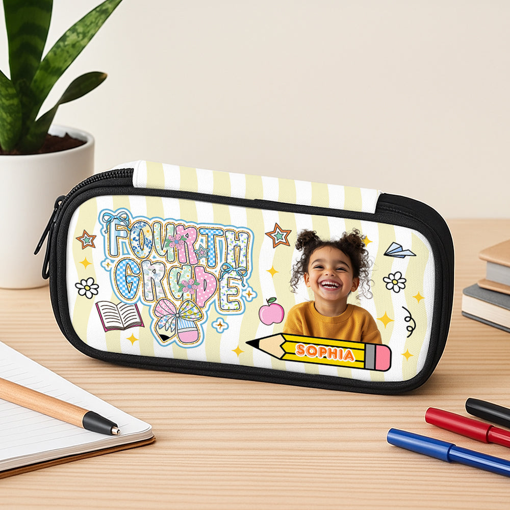 Glitter back to school personalized pencil case with custom name.