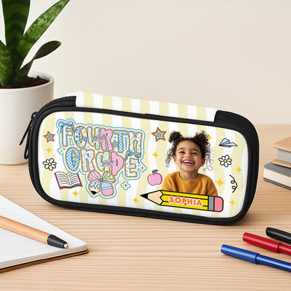 Glitter back to school personalized pencil case with custom name.