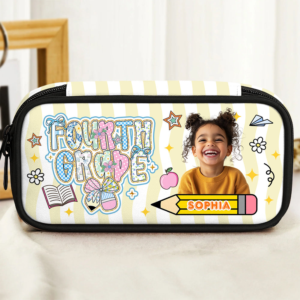 Glitter back to school personalized pencil case with custom name.