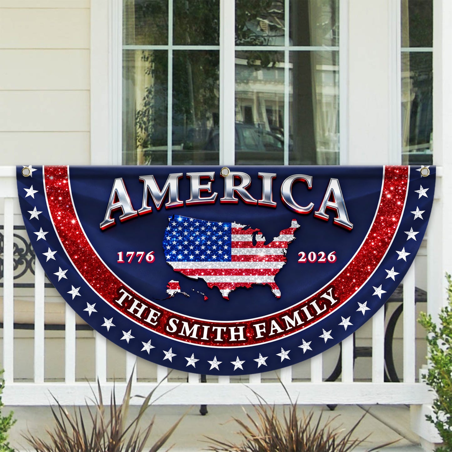 Glitter USA 250 Years Of Blessing Fan Flag - Custom Family Name Non-Pleated Fan Flag