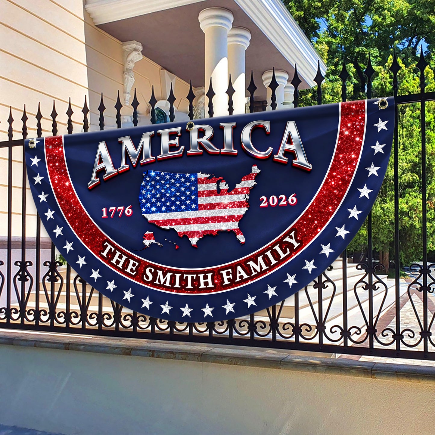 Glitter USA 250 Years Of Blessing Fan Flag - Custom Family Name Non-Pleated Fan Flag