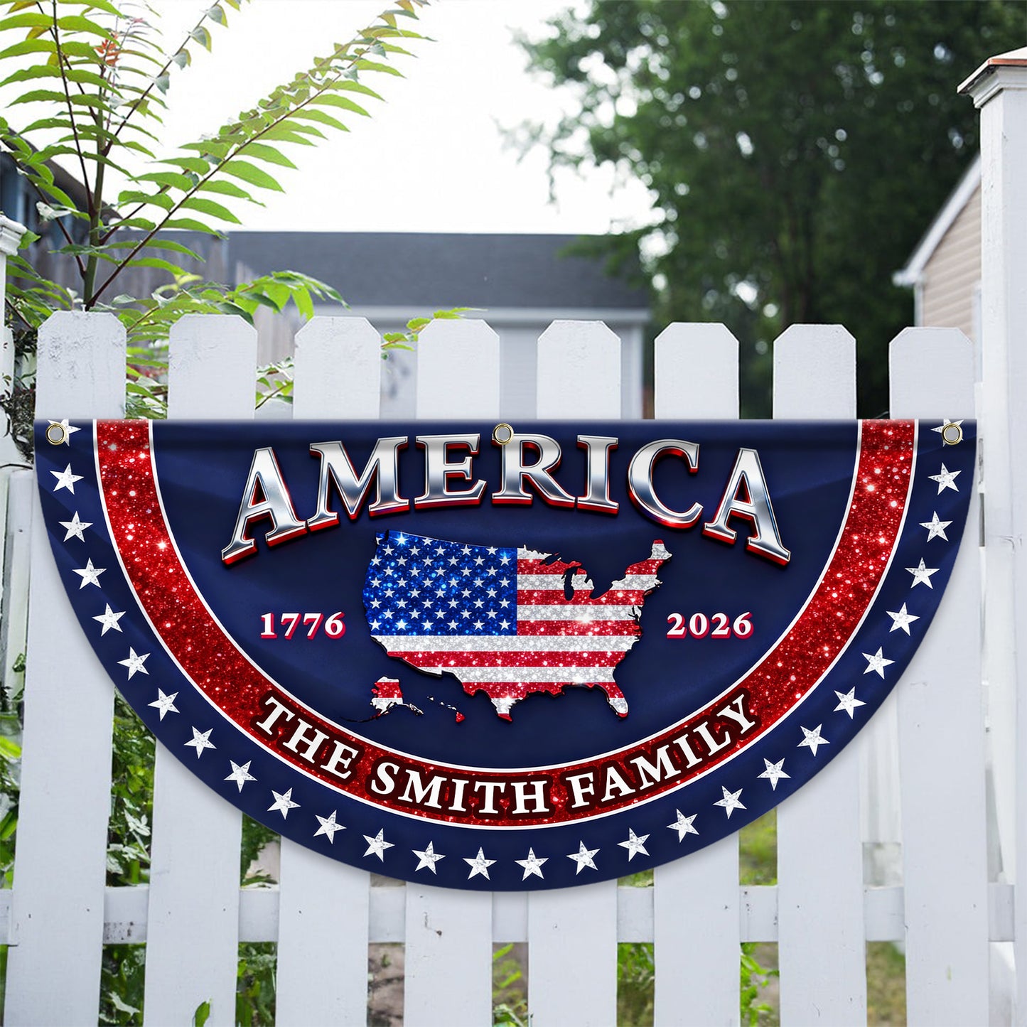 Glitter USA 250 Years Of Blessing Fan Flag - Custom Family Name Non-Pleated Fan Flag