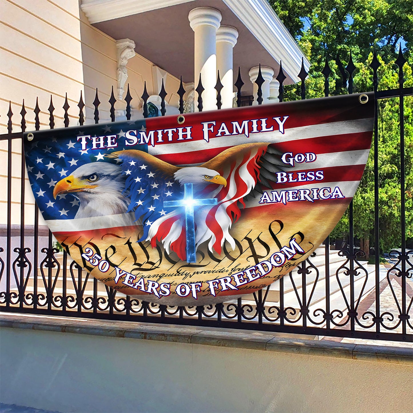 God Bless America Family 250 Years Of Freedom Glitter Fan Flag - Custom Family Name Non-Pleated Fan Flag