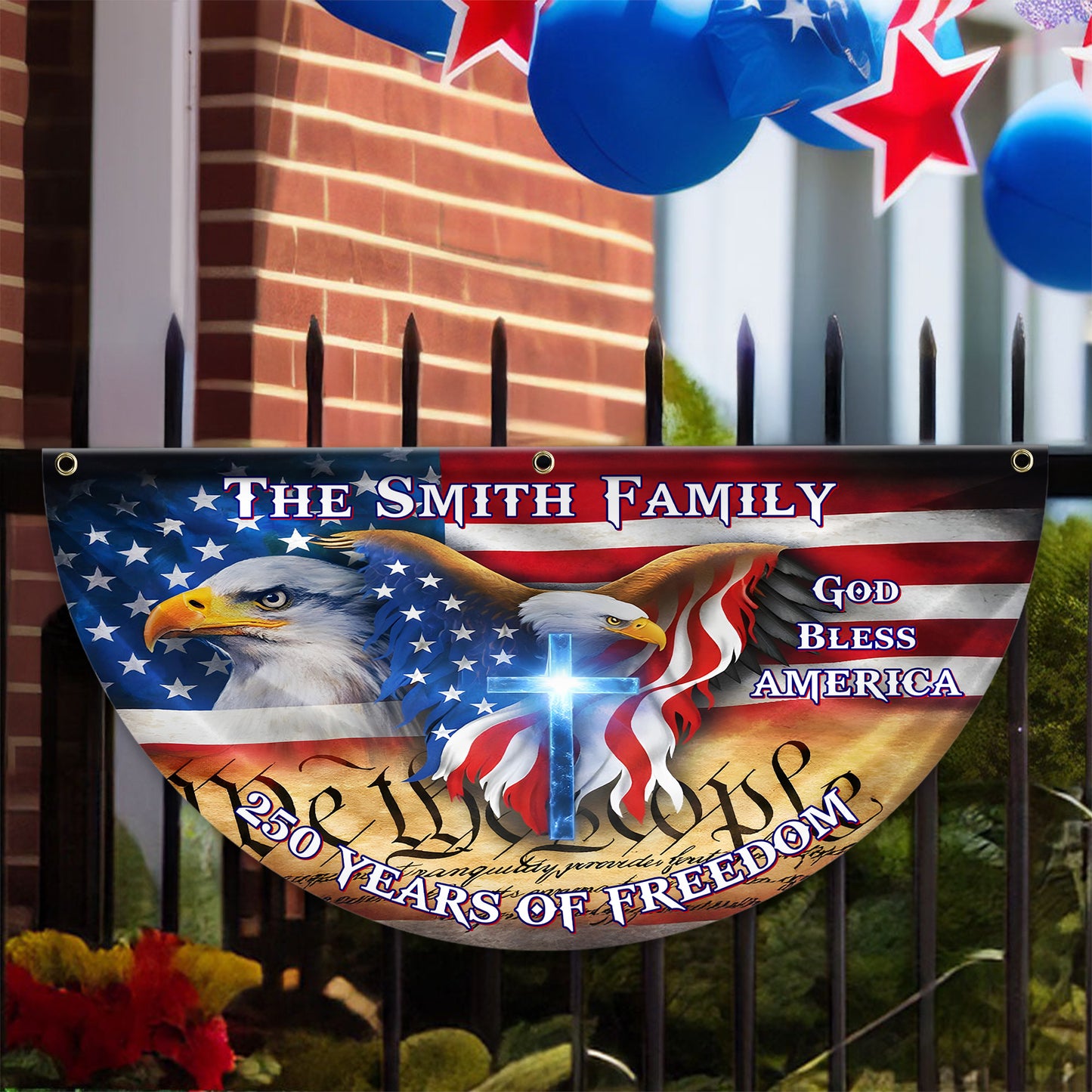 God Bless America Family 250 Years Of Freedom Glitter Fan Flag - Custom Family Name Non-Pleated Fan Flag