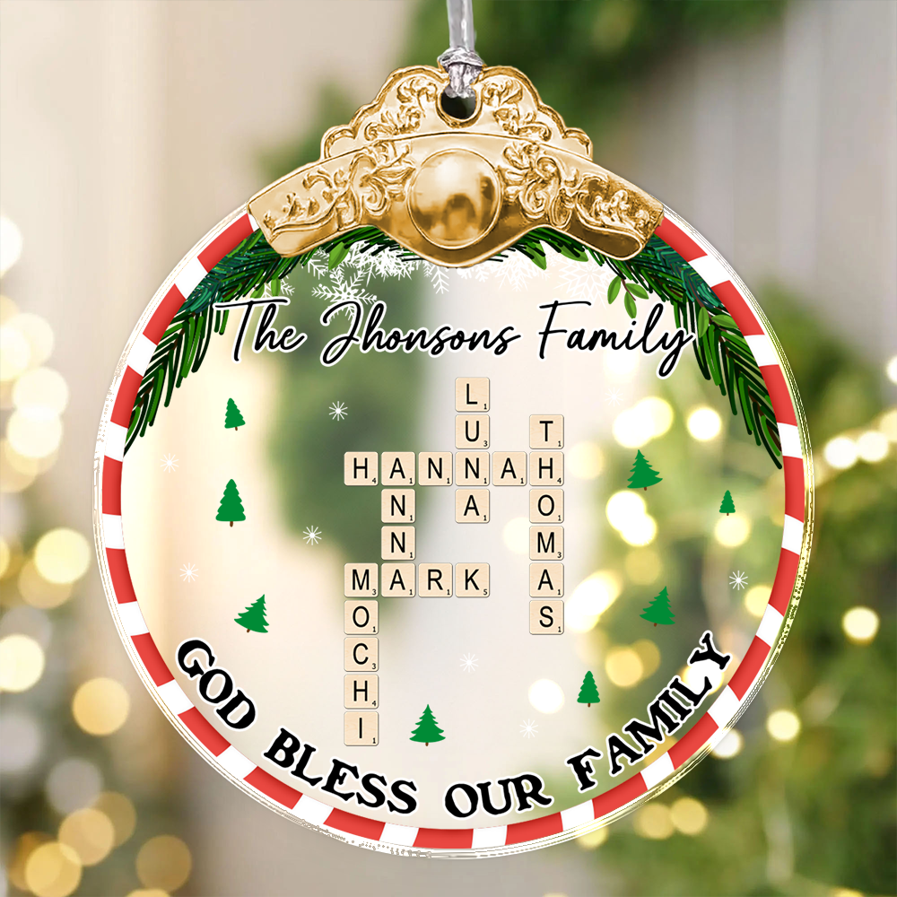 God Bless Our Family personalized glass ornament with flowers, silver and gold cap.