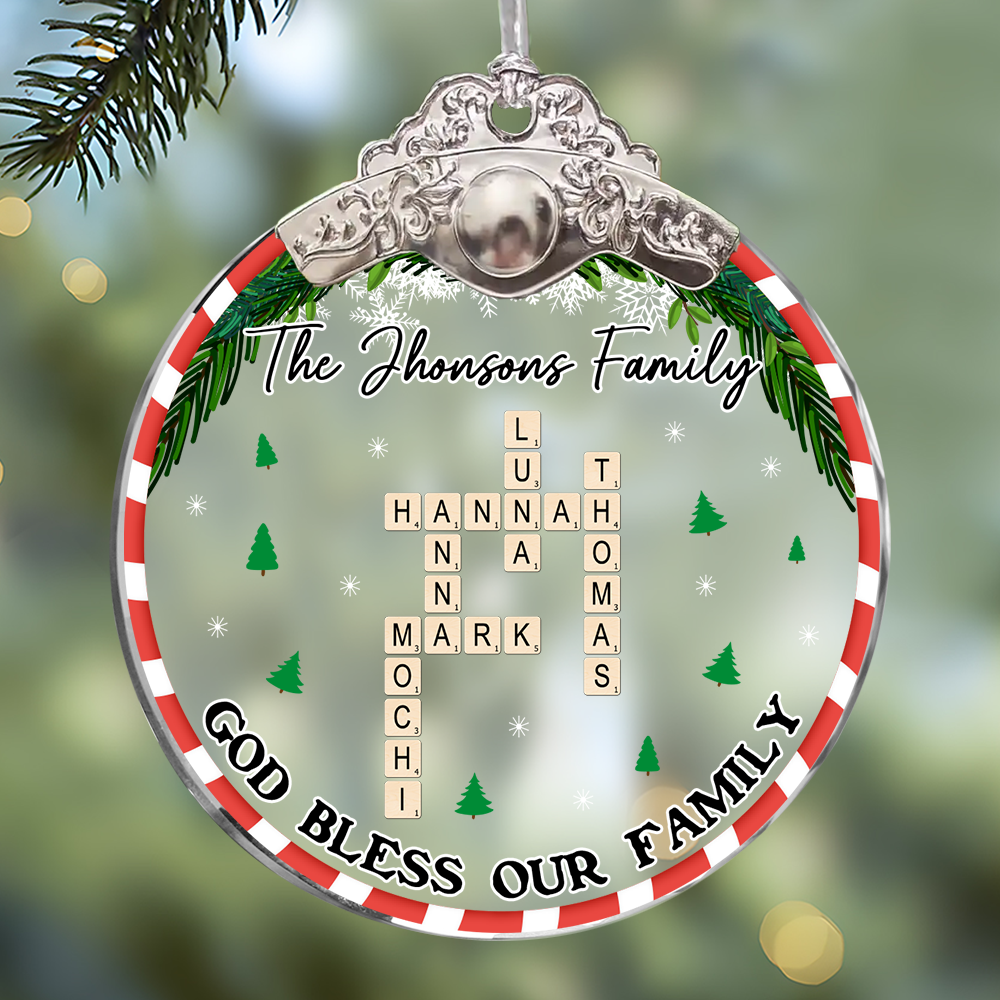 God Bless Our Family personalized glass ornament with flowers, silver and gold cap.