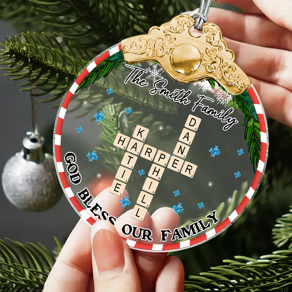 God Bless Our Family personalized glass ornament with flowers, silver and gold cap.