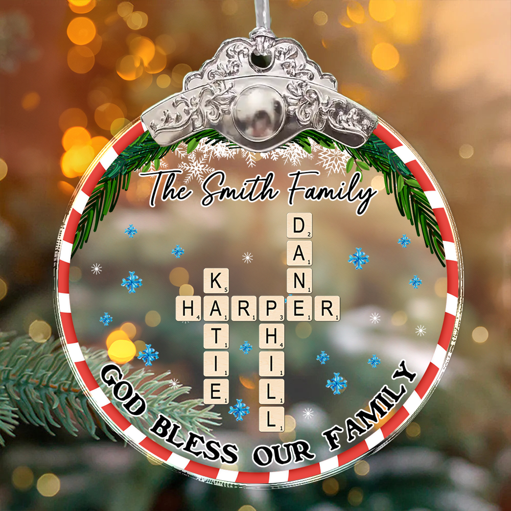 God Bless Our Family personalized glass ornament with flowers, silver and gold cap.