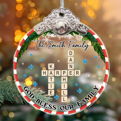 God Bless Our Family personalized glass ornament with flowers, silver and gold cap.