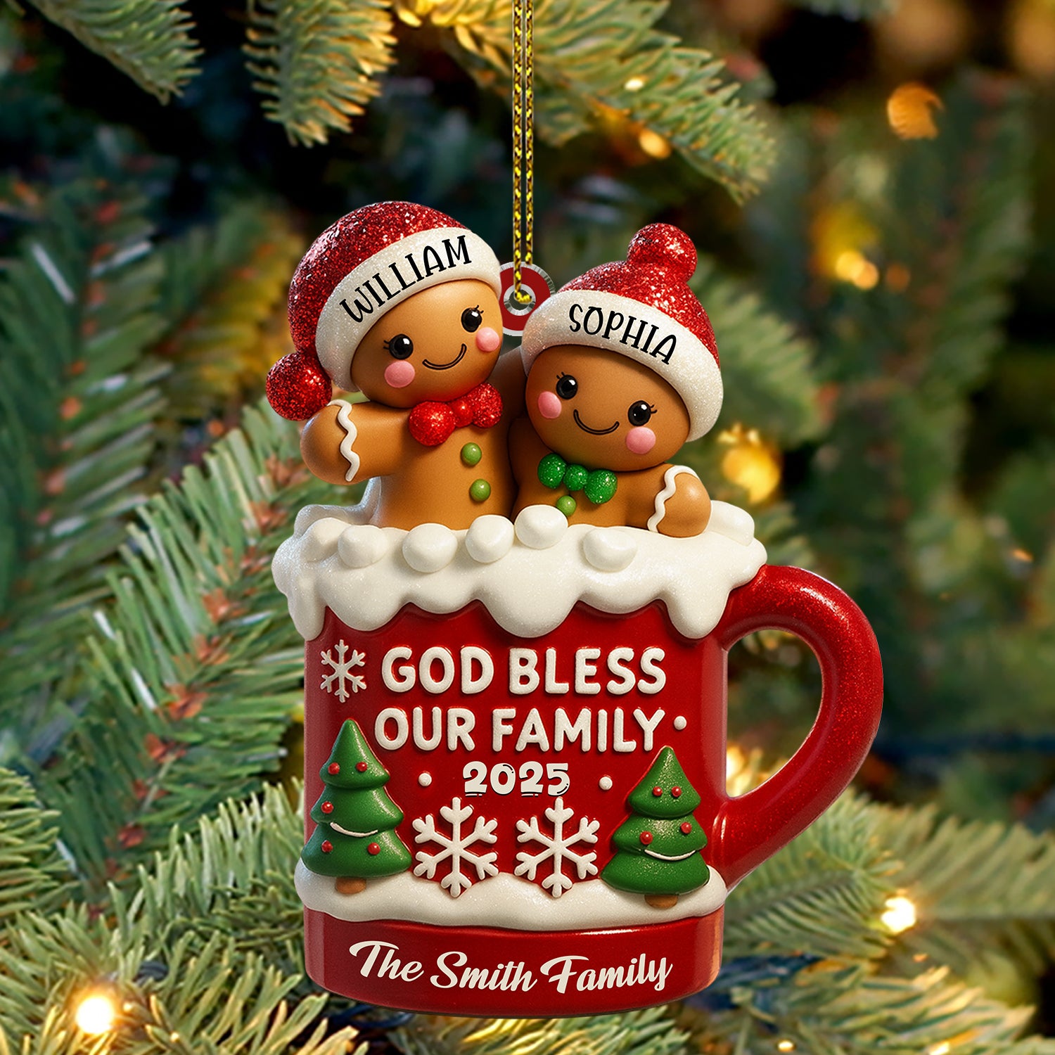 Personalized "God Bless Our Family" acrylic Christmas ornament, perfect for family tree decorations.