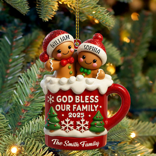 Personalized "God Bless Our Family" acrylic Christmas ornament, perfect for family tree decorations.