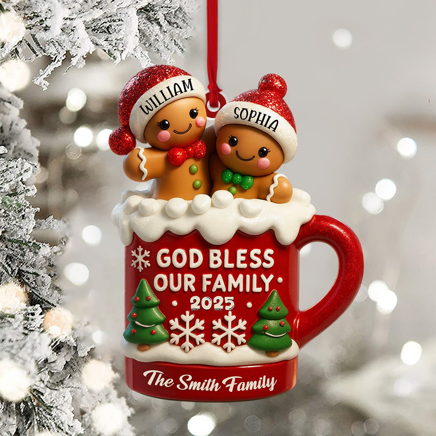 Personalized "God Bless Our Family" acrylic Christmas ornament, perfect for family tree decorations.