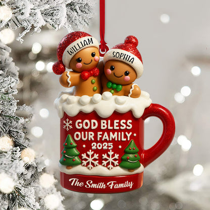 Personalized "God Bless Our Family" acrylic Christmas ornament, perfect for family tree decorations.