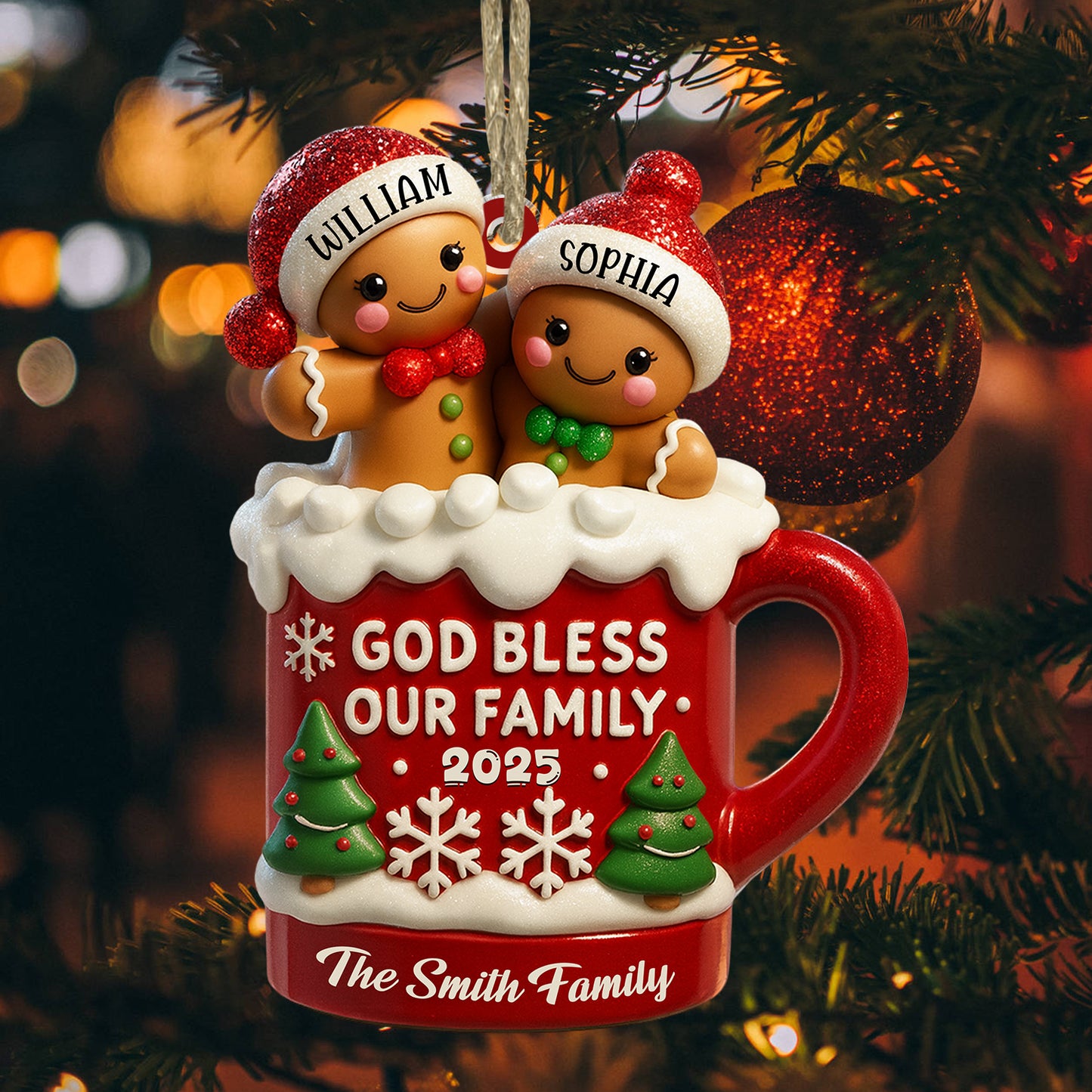 Personalized "God Bless Our Family" acrylic Christmas ornament, perfect for family tree decorations.